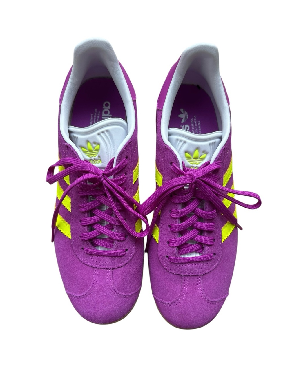 Adidas Originals Gazelle Suede Shoes Sz 7.5 Purple Yellow Stripe Sneakers - Picture 4 of 16